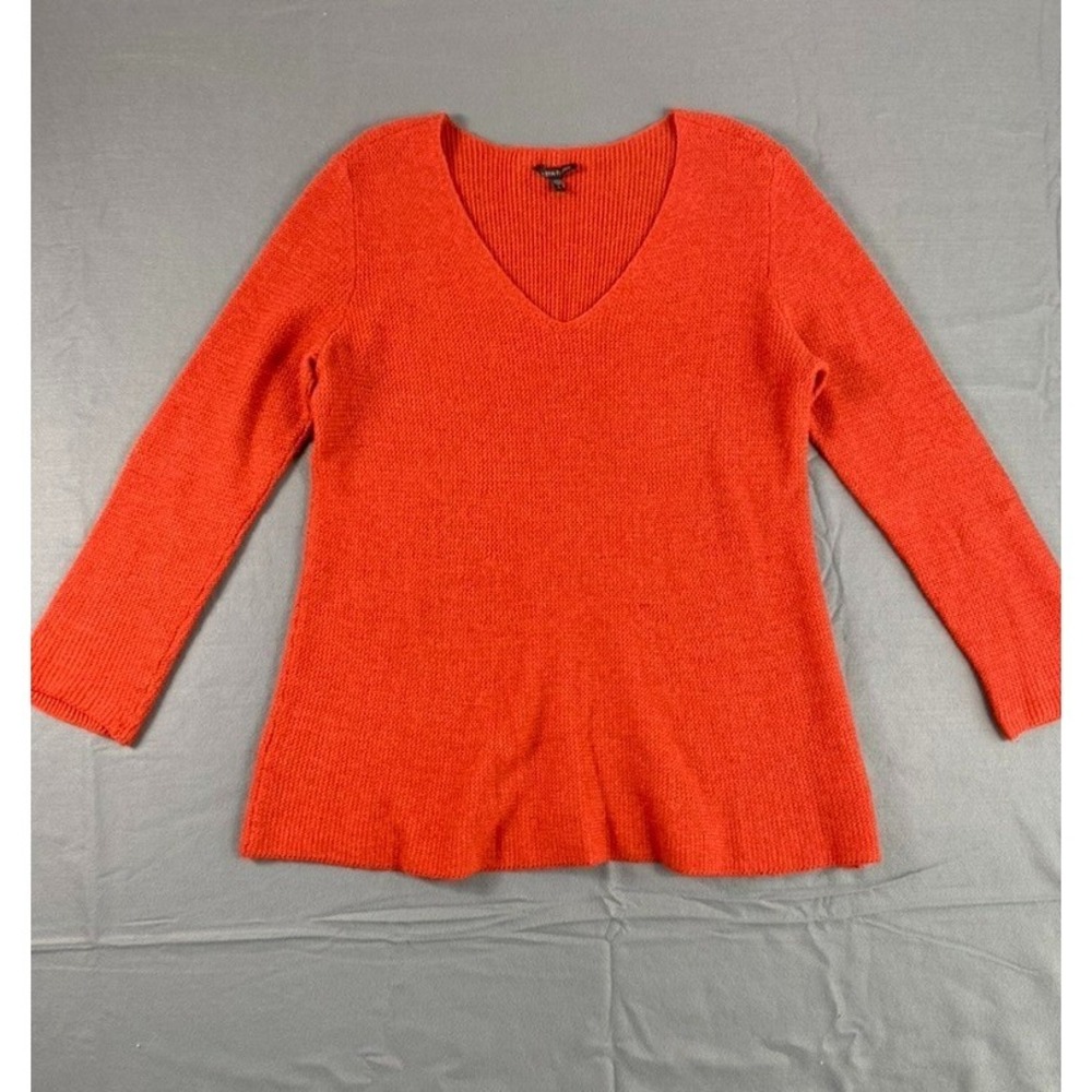 Eileen Fisher Knit Sweater Womens L Orange Wool Angora Cashmere V-Neck Pullover